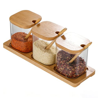 Bamboo Spice Jar Set with Wooden Lids and Spoons, Glass Condiment Containers with Serving Tray, Kitchen Storage Organizer for Seasonings, 3-Piece (Light Brown, 3P Middle) - size: 3P Middle