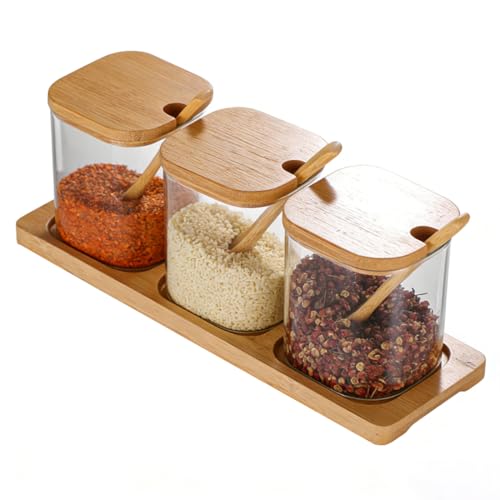 Bamboo Spice Jar Set with Wooden Lids and Spoons, Glass Condiment Containers with Serving Tray, Kitchen Storage Organizer for Seasonings, 3-Piece (Light Brown, 3P Middle) - size: 3P Middle
