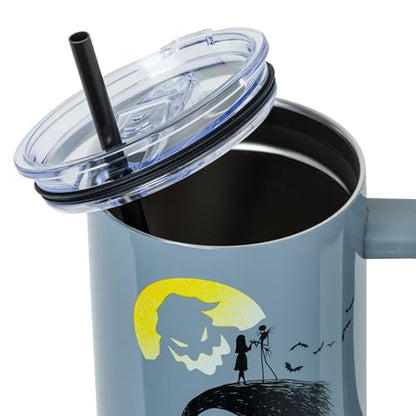 Silver Buffalo Disney Nightmare Before Christmas Featuring Oogie Boogie, Jack Skellington, and Sally Double Walled Stainless Steel Tumbler with Handle and Straw, Fits in Standard Cup Holder, 40 Ounces - color: Nightmare Before Christmas Jack and Sally