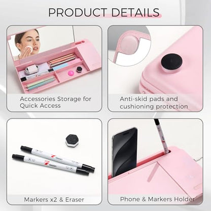 TOWON Desktop Glass Whiteboard with Charger Pad, Small Desk Whiteboard - Glass Dry Erase White Board- Desk Computer Buddy with Storage, Mirror and Charging Station, Pink, 17 x 6 in - color: Pink Charger