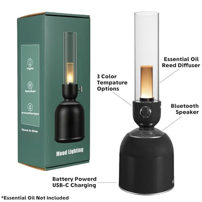 Rechargeable 3-in-1 Camping Lantern with Bluetooth Speaker, Essential Oil Diffuser, Dimmable with Tactile Knob, 1800K/2200K/2700K Tone Options, Classic Lantern Style with Sleek Black - color: Speaker Lamp, Black, size: Single