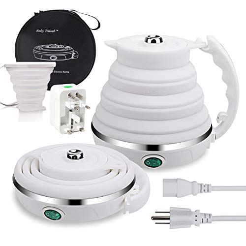 Upgrade Travel Kettle, ShineMe Food Grade Silicone Dual Voltage 110-220V Ultrathin Portable Electric Water Kettle with Cup, Universal Adaptor and Detachable Power Cord, 555ML (White) - color: Collapsible Kettle White