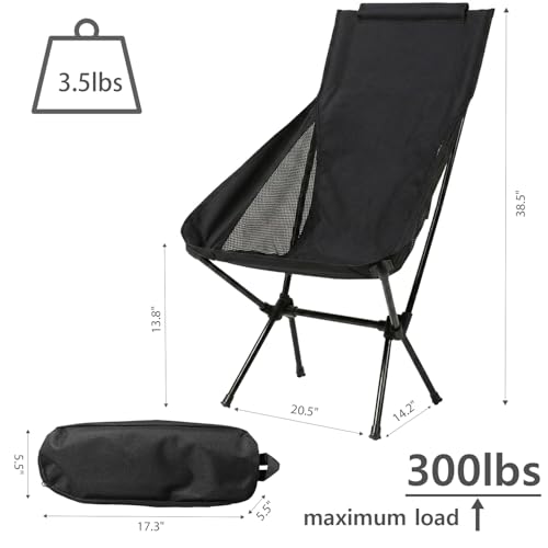 Wind Tour Portable Camping Chair Foldable Outdoor Chair for Hiking Camp Backpacking Lawn Beach Fishing Picnic with Carry Bag (High-Back | Black) - color: High-back | Black