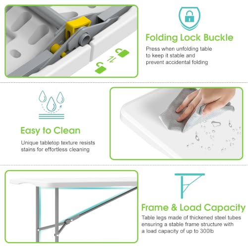 HLPB Folding Table Picnic Table Set, 6 ft Camping Table with 2 Benches, Outdoor Indoor Portable Folding Furniture for Working Meeting Party, Camping, Picnic, Weddings w/Handle and Safety Locks, White