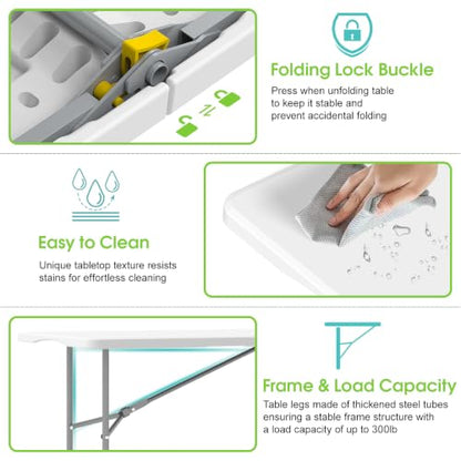 HLPB Folding Table Picnic Table Set, 6 ft Camping Table with 2 Benches, Outdoor Indoor Portable Folding Furniture for Working Meeting Party, Camping, Picnic, Weddings w/Handle and Safety Locks, White