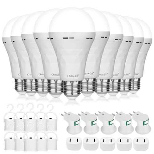 Ostwiki 10 Pack Rechargeable Emergency Light Bulbs,Battery Operated Backup Light Bulb for Power Outage Camping Outdoor Hurricane 9W E27 8500K White Self-Charging LED Light Bulbs - color: 8500k Cool White, size: 10 Pack