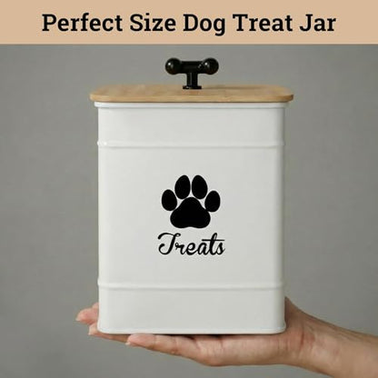 Dog Treat Container Airtight - 6 Inch Wide x 8 Inch Tall Iron Dog Treat Jar for Kitchen Counter with Airtight Bamboo Lid - 12 Cup Capacity Pet Treat Container - Doggie Cookie Jar - Big Treats Canister - color: White