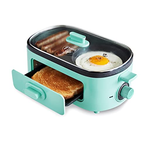 GreenLife 3-in-1 Breakfast Maker Station, Healthy Ceramic Nonstick Dual Griddles for Eggs Meat Sausage Bacon Pancakes and Breakfast Sandwiches, 2 Slice Toast Drawer, Easy-to-use Timer, Turquoise - color: Turquoise