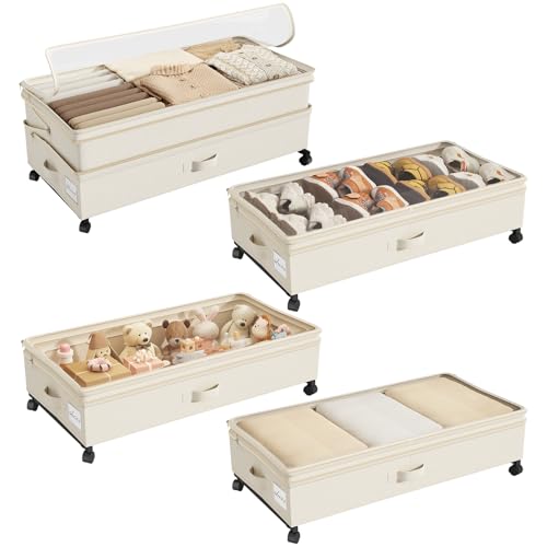 Kitstorack 4 Pack Height-adjustable Under Bed Storage with Wheels, Under Bed Storage Containers,Under Bed Shoe Storage Organizer with Clear Window&Label, Suitable for Clothes Storage, Beige - color: Beige, size: 4 Pack