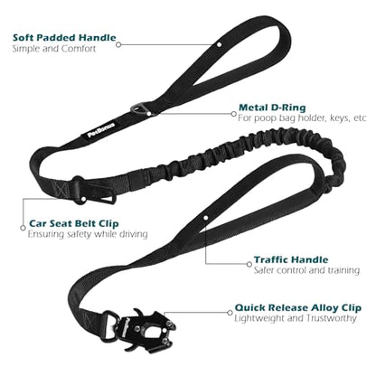 PetBonus Heavy Duty Tactical Dog Leash, 5 FT Bungee Shock Absorption Leash with 2 Padded Handles, Quick Release Metal Clip, Car Seatbelt, No Pull Training Lead for Large Medium Dogs (Black) - color: Black