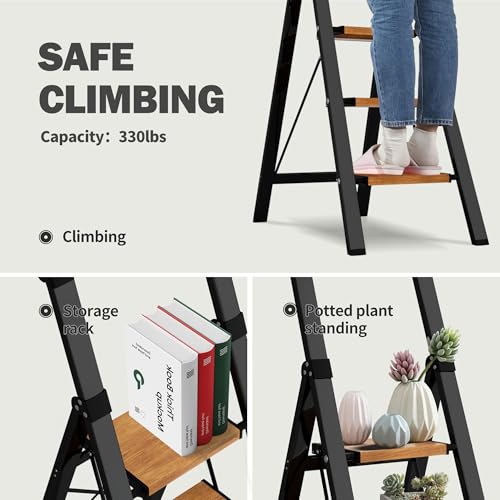 4 Step Ladder,Lightweight Folding Step Stool with Aluminum Wide Pedal& Convenient Handgrip,330lbs Capacity Steel Ladder for Household and Office(Black &Woodgrain) - color: Black&woodgrain, size: 4 Step