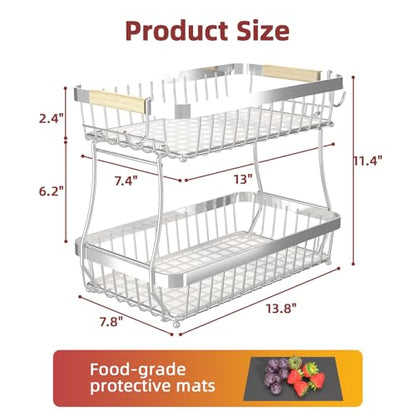 Sevenblue 2 Tier Large Fruit Basket for Kitchen Counter with 2 Mobile Banana Hangers, 2026 Pro Detachable Metal Fruit Bowl with Wooden Handle (Silver, 2 Tier) - color: Silver, size: 2 Tier Standard