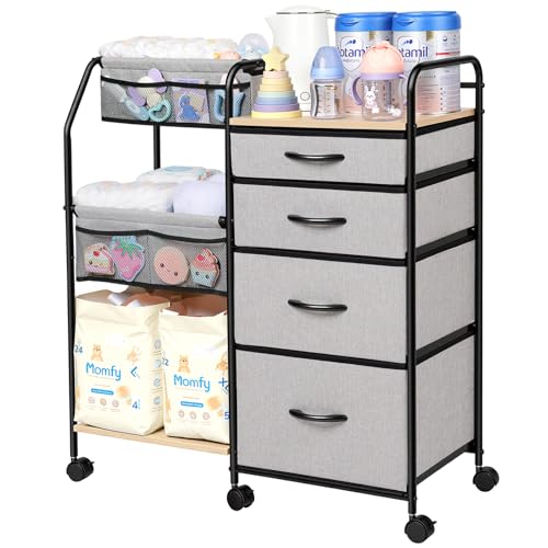Fabuday Baby Diaper Caddy Organizer Cart - 4 Tier Rolling Diaper Cart with Wheels, Baby Essentials Organizers and Storage, Mobile Utility Carts for Bedside, Crib Nursury, Bedroom, Changing Table - color: Grey