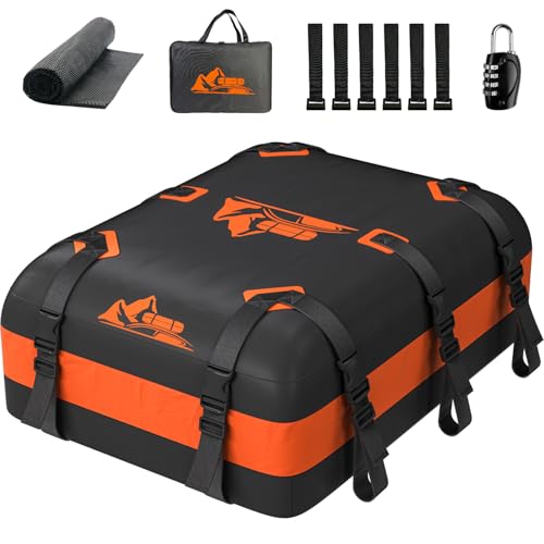 Car Rooftop Cargo Carrier Bag 20 Cubic Feet, 100% Waterproof Heavy Duty Car Roof Bag for All Vehicle with/Without Racks - Anti-Slip Mat, 6 Door Hooks, Storage Bags, 5CM Straps(Orange)
