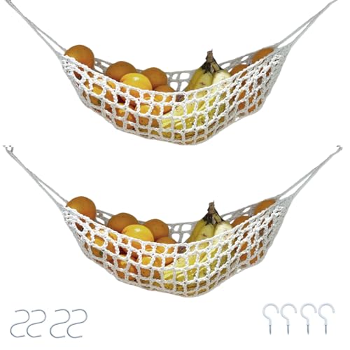 2-Pack Hanging Fruit Hammock with Hooks - Macrame Under Cabinet Veggie Banana Basket, Hand-Woven Boho Fruit Holder, Save Counter Space for Kitchen Home RV Boat (Ivory) - color: Ivory