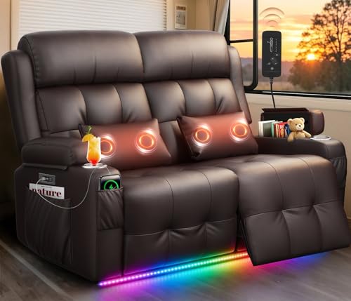 Power RV Loveseat Recliner Sofa, Reclining Loveseats Couch for RV Furniture, Home Theater Seating with Heat Massage, USB, Insert Pockets, Cup Holders, 150° Wall Hugger RV Recliners Sleeper Sofas - color: Brown, size: Loveseat-G1-Power