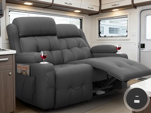 Reclining Loveseat with Pebble Texture Fabric, Loveseat Recliner with USB/Type C Ports, Storage & Cup Holders, RV Wall Hugger Recliner Sofa for Living Room & Home Theater & RV - color: Texture Gray, size: Hera - Loveseat