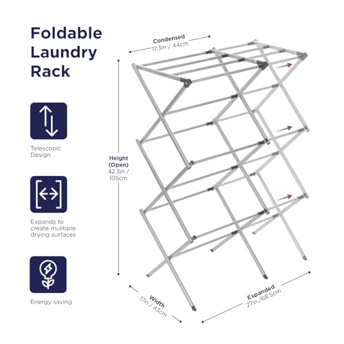 BLACK+DECKER 3 Tier Expandable Collapsing Foldable Laundry Rack for Air Drying Clothing, Space Saving Heavy Duty Lightweight Metal Drying Rack, Grey - color: Gray