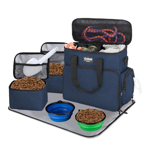 Dog Travel Bag Airline Approved–Pet Travel Tote with Collapsible Bowls,Food Containers & Feeding Mat–Multi-Pocket Organizer for Dogs & Cats, Durable & Water-Resistant for Hiking,Trips,Outdoors - color: Blue