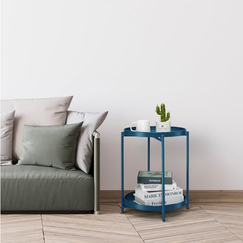 danpinera 2-Tier End Table, Outdoor Side Table Metal Round Side Table with Removable Tray, Small Accent Table, Anti-Rust Nightstand for Bedroom Balcony Patio Living Room (Navy Blue) - color: Navy Blue
