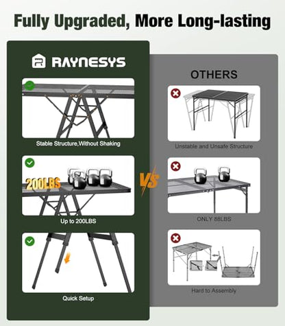 Raynesys Foldable Grill Table with Mesh Desktop, 200lbs 4Ft Portable Folding Table, Height Adjustable Metal Table for Ourdoor, Camping, Picnic, BBQ and Beach, RV, 47.24" L x 23.62" W - size: XL(4Ft-47.24" x 23.62" x 17.32"/24.41"/29.53")