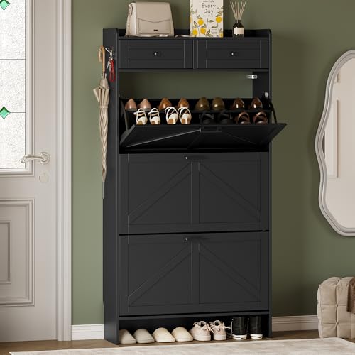 BORNOON Shoe Storage Cabinet for Entryway, Farmhouse Narrow Shoe Cabinet with 3 Flip Drawers & 2 Top Drawers, Adjustable Shelves & Hooks, Freestanding Hidden Rack Organizer for Hallway, Foyer - color: Black, size: 3 Flip Drawer
