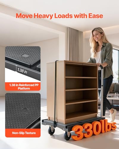 VEVOR Foldable Utility Cart, 330LBS Portable Dolly Cart with Telescoping Handle for Boxes, Crates, Groceries, Folding Platform Truck with 360° Swivel Wheels for Garage/Garden/Office, Black - size: 26.8 x 19.5 x 4.5 in/ 680 x 495 x 115 mm
