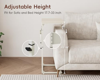 Vagusicc C-Shaped End Table with Charging Station, Small Side Table for Couch, 33" Tall C Table Adjustable Height Side Table, Couch Tables that Slide Under, Sofa Table TV Tray for Living Room, Cream - color: 1pc Cream White