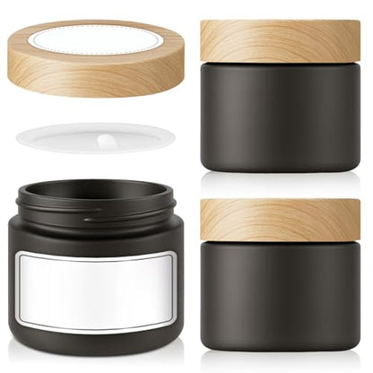 2 oz Matt Black Glass Jars with Lids, 3 Pack Small Glass Containers with Plastic Woodgrain Lids & Inner Liners, Empty Reusable Airtight Cosmetic Containers for Tea, Coffee, Creams, Lotion, Spice - color: Black