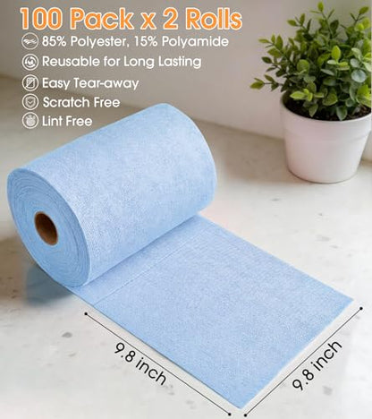 KitchLife Microfiber Cleaning Cloth Roll, 200 Pack - Tear-Away Microfiber Paper Towels, Lint-Free, Reusable, Washable for Kitchen, Car, Dishes, and Sensitive Surfaces (Blue) - color: Blue, size: 100 Pack x 2
