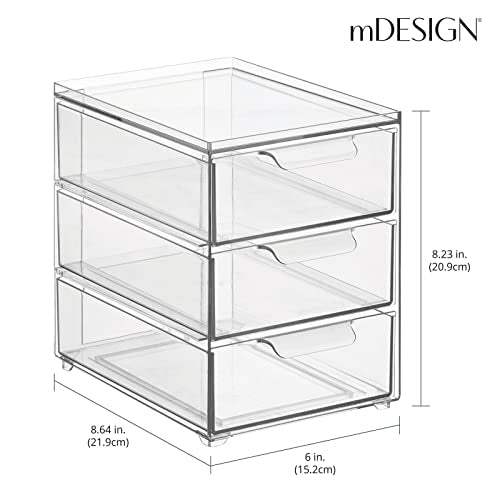 mDesign Plastic Stackable Organizer with 3 Drawers - Pull-Out Drawer Storage Bin for Bathroom Sink/Cabinet Organization - Perfect for Makeup, Small Towels, and More - Lumiere Collection, 2 Pack, Clear - size: 8 x 6 x 8 (Pack of 2)