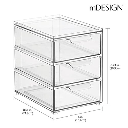 mDesign Plastic Stackable Organizer with 3 Drawers - Pull-Out Drawer Storage Bin for Bathroom Sink/Cabinet Organization - Perfect for Makeup, Small Towels, and More - Lumiere Collection, 2 Pack, Clear - size: 8 x 6 x 8 (Pack of 2)