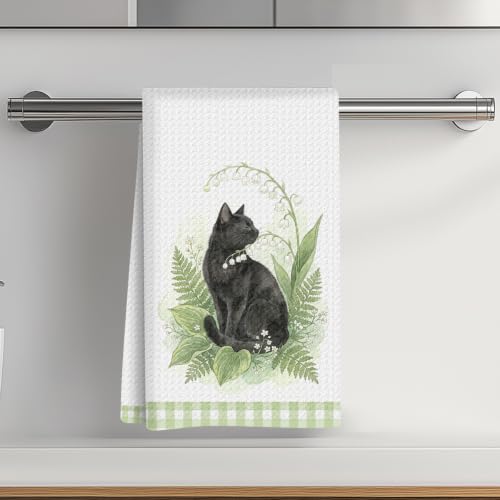 Cute Black Cat Kitchen Towels 24x14 Inch, Reusable Dish Towels for Kitchen Bathroom Decor, Green Grid Gifts Waffle Soft Absorbent Hand Cloth Tea Towel, Cute Cat Gifts for Women Mom Friend - color: Lcs Multicolor 02900