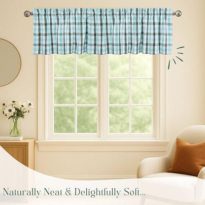 Gingham Valance Curtains, 2 Pack, 54x18 Inches, 100% Cotton Farmhouse Window Valances, Rod Pocket Curtain for Kitchen, Bedroom, Bathroom, Living Room, Mint Green - Aqua Green - White - color: Multi Green - Gingham, size: 18"W x 54"L (Pack of 2)