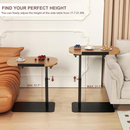 Solid Wood C Shaped Side Table for Sofa/Bed, Adjustable Height C Shaped End Table Metal Base, 360°Swivel/Flip Top Couch Tables That Slide Under, Small Spaces Laptop Stand Coffee Table (Wood) - color: Wood