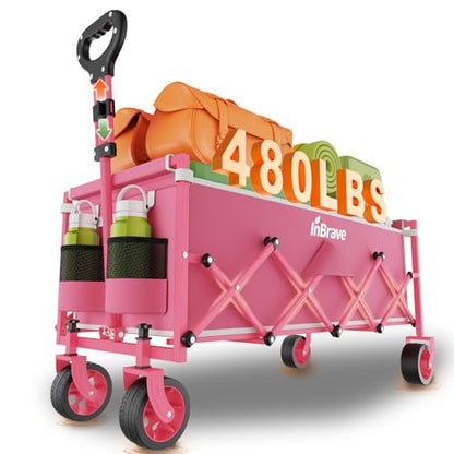 Extra Long Collapsible Wagon Cart, 480LBS Heavy Duty Utility Wagons with All-Terrain Wheels, Foldable Grocery Carts for Gardening, Shopping, Beach, Camping, Rose Pink - color: Rose Pink