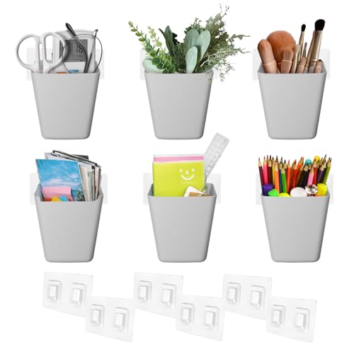 Wall Caddy Pen Holders, 6 Pack Large Pencil Cups Organizer for Marker / Remote / Crayon / White Board Accessories, with Adhesive Stickers, Office Home Craft Class Kids Room Art Organization (Grey) - color: Grey