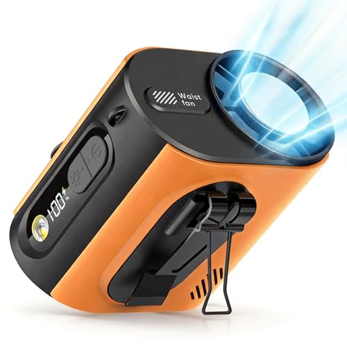 Portable Wearable Waist Iec Fan,with Semiconductor Ice Cooler,10000mAh Rechargeable Clip On Belt Cooling Fan, 100-Speed/16000RPM Personal Body Fans,25H Work Time for Camping, Outdoor, Jobsite（Orange） - color: Orange