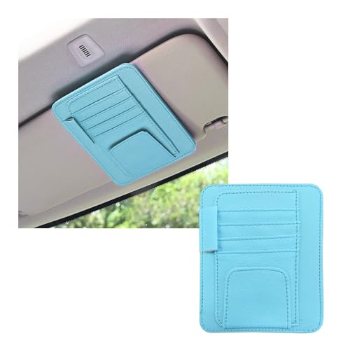 Dickno Small Leather Car Sun Visor Organizer, Multifunctional Auto Visor Document Holder with Sunglasses Clip, Universal Car Interior Organizer for Drving License, Card, Pen (Blue) - color: Blue, 1PC