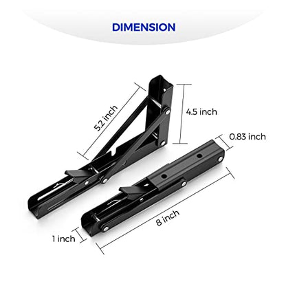 Ravinte 2 Pack 8 Inch Folding Shelf Brackets – Matte Black, Heavy Duty Collapsible Brackets for Tables and Benches – Space-Saving Design - size: 8 Inch