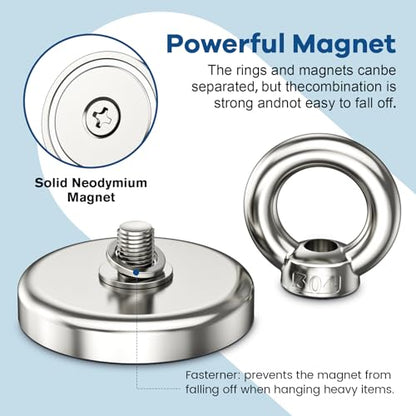 Neodymium Heavy Duty Magnet Hooks, 100lbs Pulling Force Strong Fishing Magnets 1.26 Inch Rare Earth Magnets with Countersunk Hole Eyebolt for Fishing, Workplace, Home (Silver, Pack of 12) - size: 12 Pack