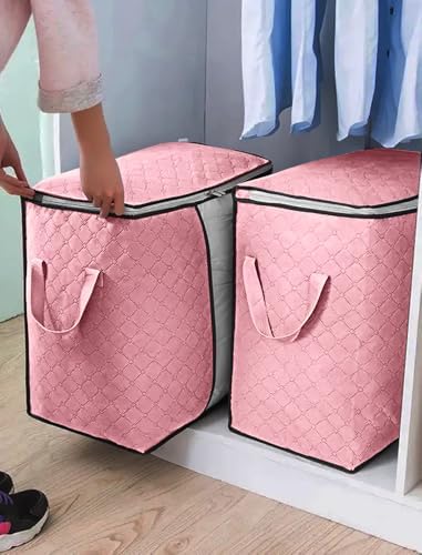 2-Pack Heavy-Duty Storage Bags with Zipper | Waterproof Moving & Travel Storage Organizers | Foldable Reinforced Handles for Clothes, Bedding,Blankets | Space-Saving,Horizontal Style,Pink - color: Pink