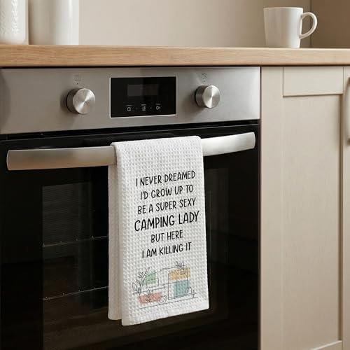 Camping Kitchen Towels 16x24 Waffle Weave, I Never Dreamed I’d Grow Up to Be a Super Sexy Camping Lady Dish Towels, Camp RV Gifts for Women, Gifts for Campers -A02 - color: Camping_02