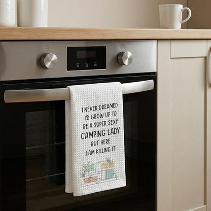 Camping Kitchen Towels 16x24 Waffle Weave, I Never Dreamed I’d Grow Up to Be a Super Sexy Camping Lady Dish Towels, Camp RV Gifts for Women, Gifts for Campers -A02 - color: Camping_02