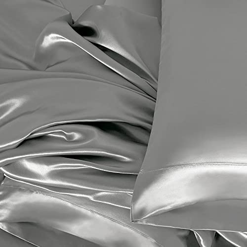 Homiest 3pcs Satin Sheets Set Luxury Silky Satin Bedding Set with Deep Pocket, 1 Fitted Sheet + 1 Flat Sheet + 1 Pillowcase (Twin XL Size, Light Grey) - color: Light Gray, size: Deep pocket - Twin XL size