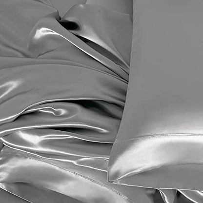 Homiest 3pcs Satin Sheets Set Luxury Silky Satin Bedding Set with Deep Pocket, 1 Fitted Sheet + 1 Flat Sheet + 1 Pillowcase (Twin XL Size, Light Grey) - color: Light Gray, size: Deep pocket - Twin XL size