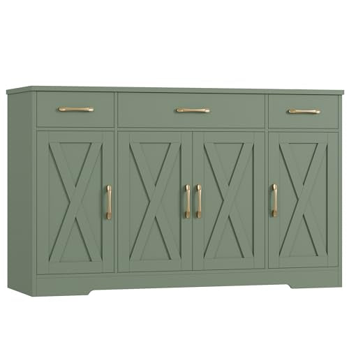 HOSTACK Buffet Sideboard Cabinet with Drawers, 55" Large Buffet Storage Cabinet with Shelves and Doors, Modern Farmhouse Coffee Bar Station for Kitchen, Dining Room, Green - color: Green