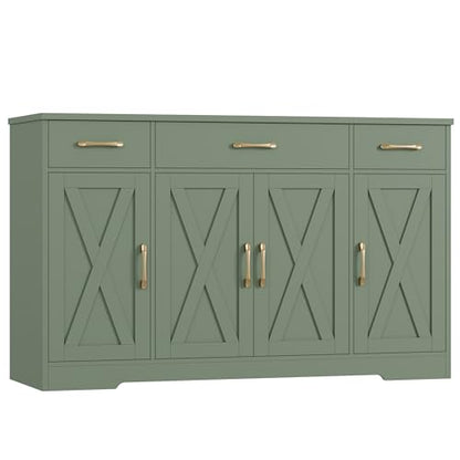 HOSTACK Buffet Sideboard Cabinet with Drawers, 55" Large Buffet Storage Cabinet with Shelves and Doors, Modern Farmhouse Coffee Bar Station for Kitchen, Dining Room, Green - color: Green