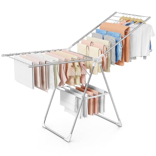 Sakugi Clothes Drying Rack with Height-Adjustable Wings, Metal Foldable Laundry Dryer Stand for Clothing & Bedding, Free-Standing Collapsible for Indoor & Outdoor Use, 69.5" L × 22.8" W, Silver White - color: Silver & White, size: XX-Large (69.5"L x 22.8"