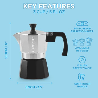 GROSCHE Milano Stovetop Espresso Maker Moka Pot Cuban Coffee Moka Italian Espresso Greca Brewer Percolator | 3 Espresso Cup, Tuxedo - color: Tuxedo, Black, size: 3 espresso cups